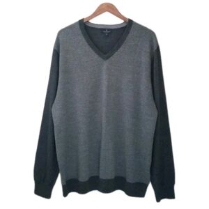 Brooks Brothers Mens XXL Extra Fine Merino Wool Sweater V-Neck Gray Herringbone
